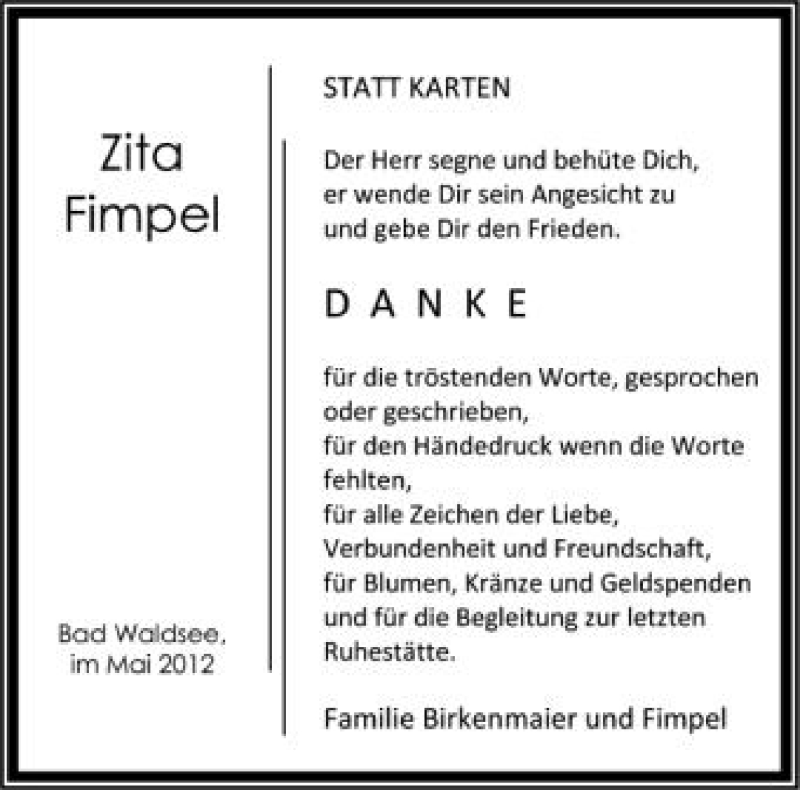  Traueranzeige für Zita Fimpel vom 16.05.2012 aus Schwäbische Zeitung