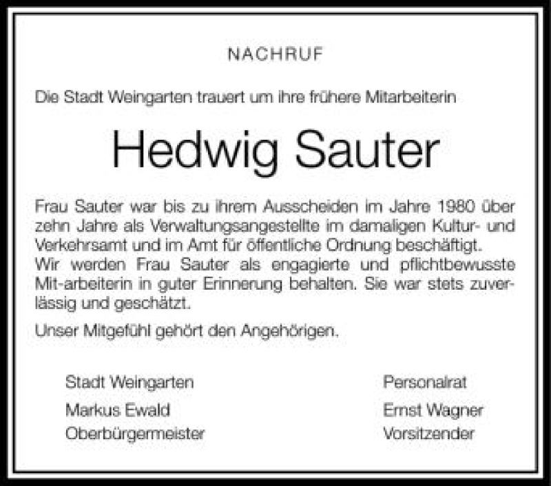  Traueranzeige für Hedwig Sauter vom 07.09.2012 aus Schwäbische Zeitung