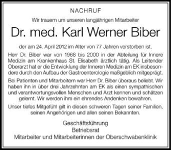 Anzeige von Karl Werner Biber von Schwäbische Zeitung