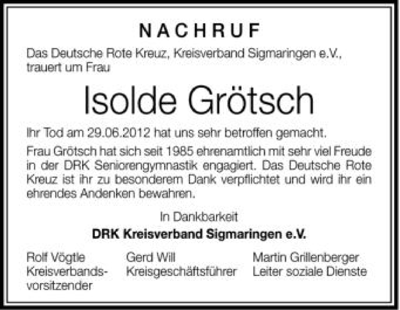  Traueranzeige für Isolde Grötsch vom 12.07.2012 aus Schwäbische Zeitung