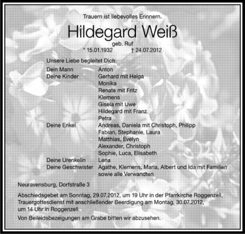  Traueranzeige für Hildegard Weiß vom 27.07.2012 aus Schwäbische Zeitung