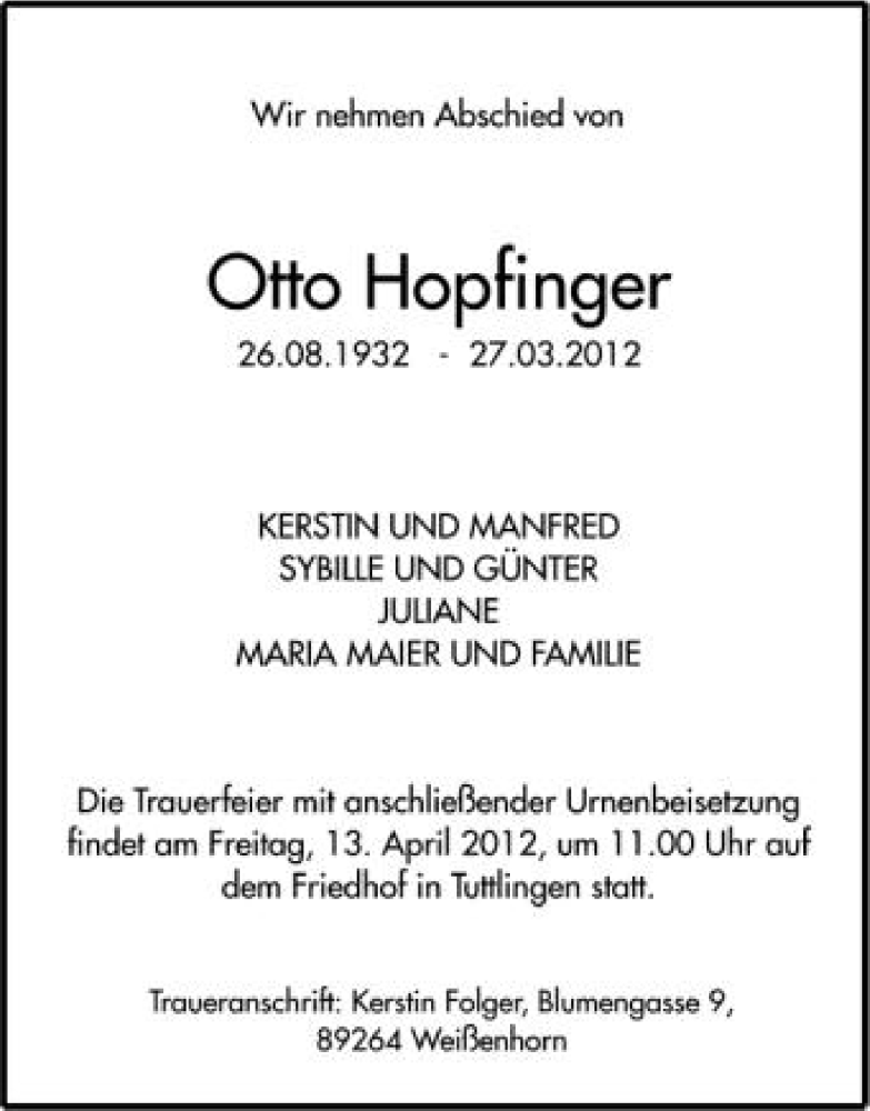  Traueranzeige für Otto Hopfinger vom 10.04.2012 aus Schwäbische Zeitung