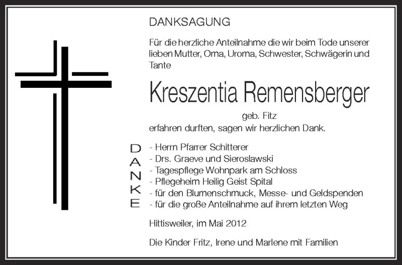  Traueranzeige für Kreszentia Remenberger vom 12.05.2012 aus Schwäbische Zeitung