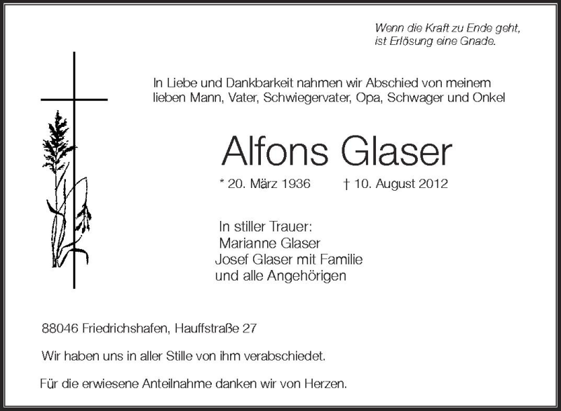  Traueranzeige für Alfons Glaser vom 18.08.2012 aus Schwäbische Zeitung