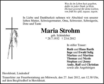 Anzeige von Maria Strohm von Schwäbische Zeitung