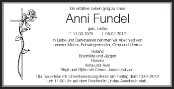 Anzeige von Anni Fundel von Schwäbische Zeitung
