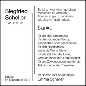 Anzeige von Siegfried Scheller von Schwäbische Zeitung