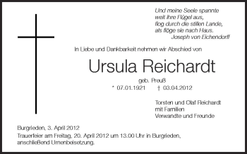 Anzeige von Ursula Reichhardt von Schwäbische Zeitung