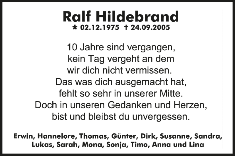  Traueranzeige für Ralf Hildebrand vom 24.09.2015 aus Schwäbische Zeitung