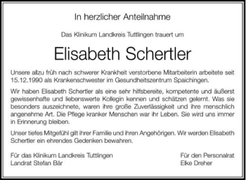 Anzeige von Elisabeth Schertler von Schwäbische Zeitung
