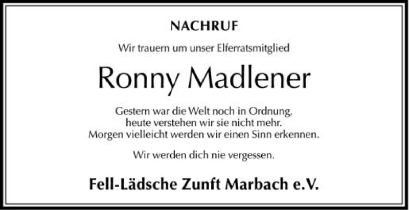 Traueranzeige für Ronny Madlener vom 06.06.2012 aus Schwäbische Zeitung