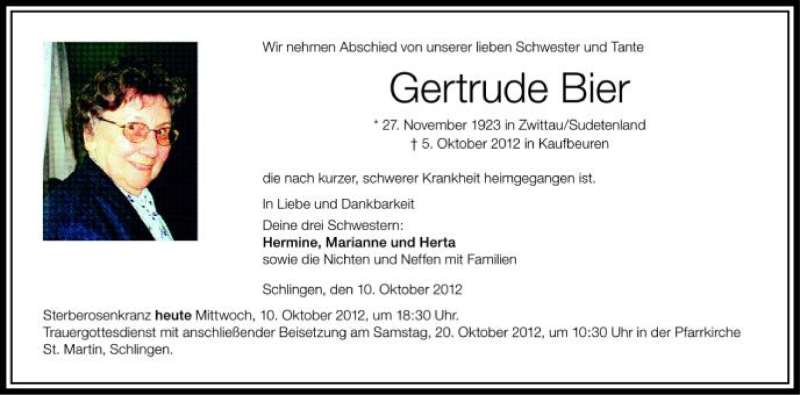  Traueranzeige für Gertrude Bier vom 10.10.2012 aus Schwäbische Zeitung