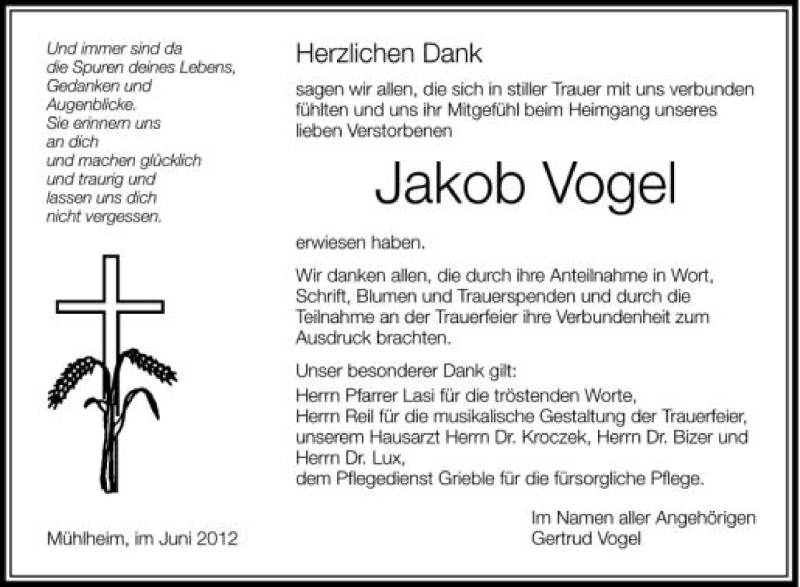  Traueranzeige für Jakob Vogel vom 16.06.2012 aus Schwäbische Zeitung