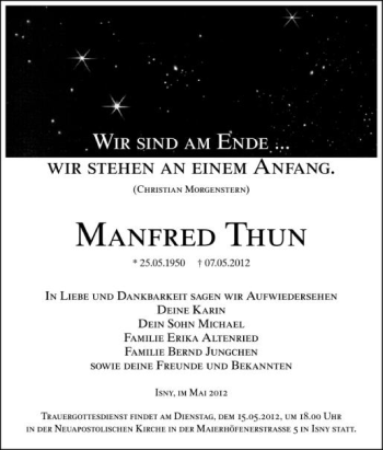 Anzeige von Manfred Thun von Schwäbische Zeitung