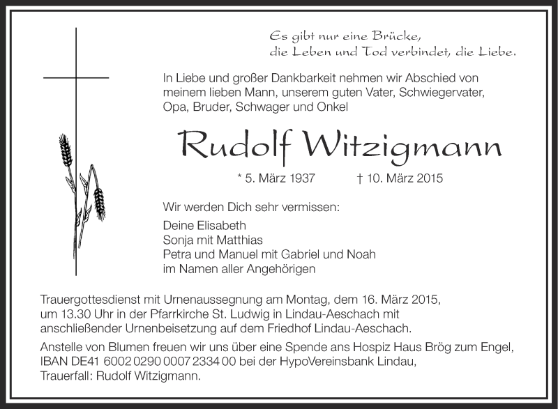  Traueranzeige für Rudolf Witzigmann vom 12.03.2015 aus Schwäbische Zeitung