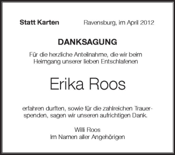 Anzeige von Erika Roos von Schwäbische Zeitung
