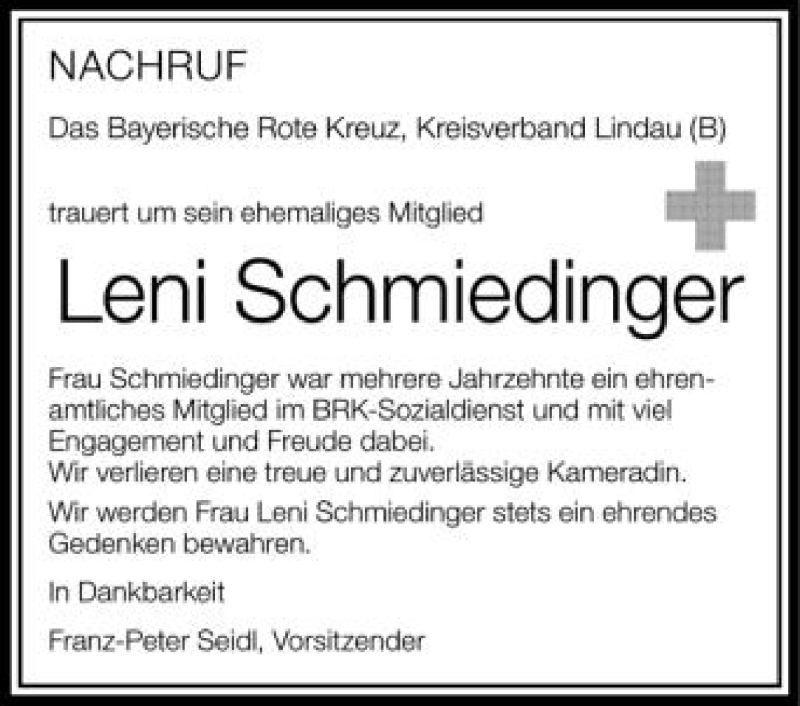  Traueranzeige für Leni Schmiedinger vom 18.04.2012 aus Schwäbische Zeitung