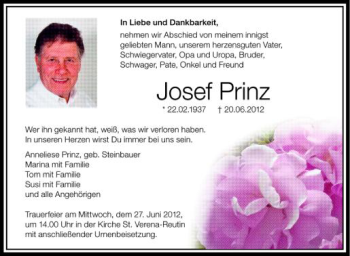 Anzeige von Josef Prinz von Schwäbische Zeitung
