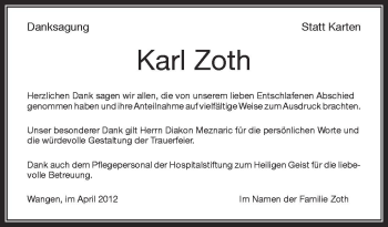 Anzeige von Karl Zoth von Schwäbische Zeitung