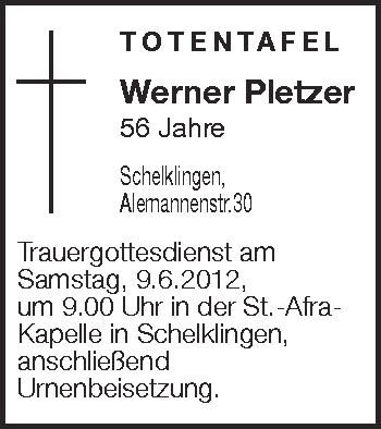 Anzeige von Werner Pletzer von Schwäbische Zeitung