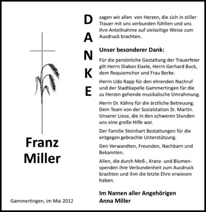 Traueranzeige für Franz Miller vom 24.05.2012 aus Schwäbische Zeitung