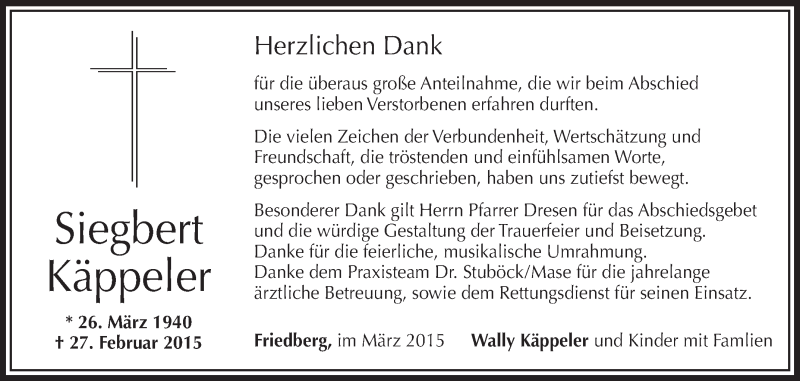  Traueranzeige für Siegbert Käppler vom 28.03.2015 aus Schwäbische Zeitung