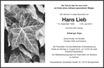 Anzeige von Hans Lieb von Schwäbische Zeitung