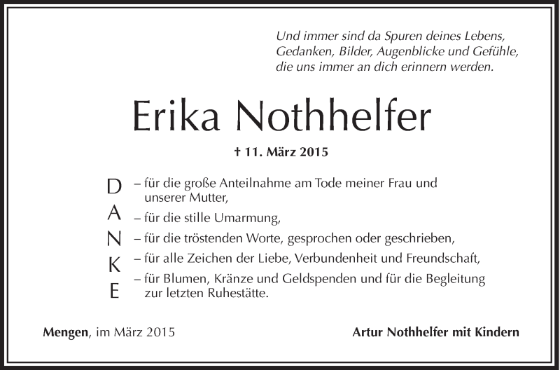  Traueranzeige für Erika Nothhelfer vom 28.03.2015 aus Schwäbische Zeitung