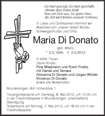 Anzeige von Maria Di Donato von Schwäbische Zeitung