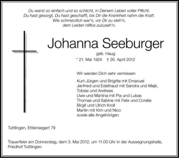 Anzeige von Johanna Seeburger von Schwäbische Zeitung