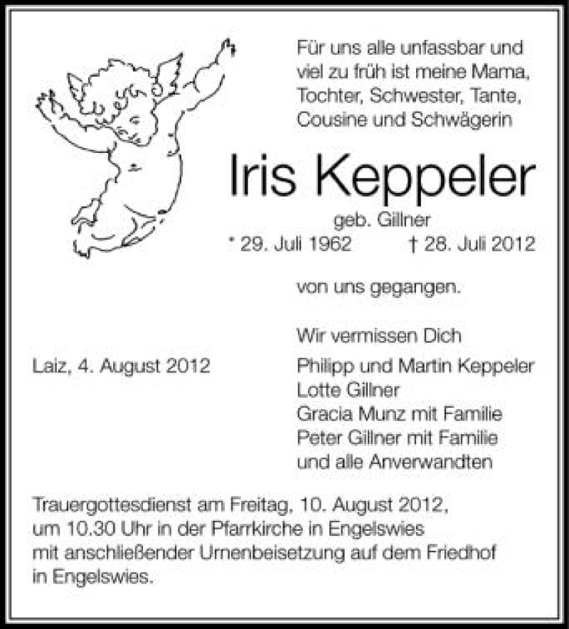  Traueranzeige für Iris Keppeler vom 04.08.2012 aus Schwäbische Zeitung