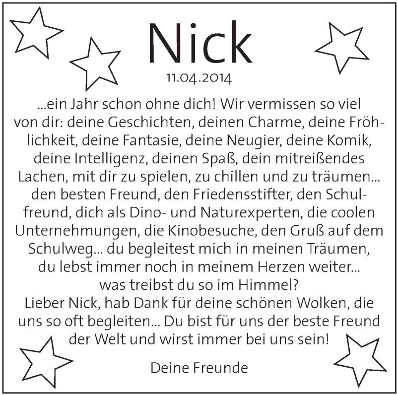  Traueranzeige für Nick Neuscheler vom 11.04.2015 aus Schwäbische Zeitung