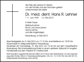 Anzeige von Hans R. Lehner von Schwäbische Zeitung