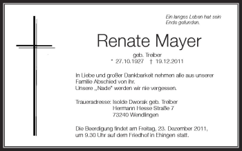 Anzeige von Renate Mayer von Schwäbische Zeitung