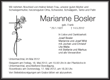 Anzeige von Marianne Bosler von Schwäbische Zeitung