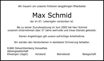 Anzeige von Max Schmid von Schwäbische Zeitung