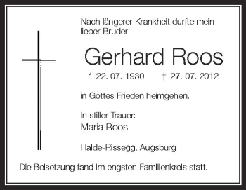 Anzeige von Gerhard Roos von Schwäbische Zeitung