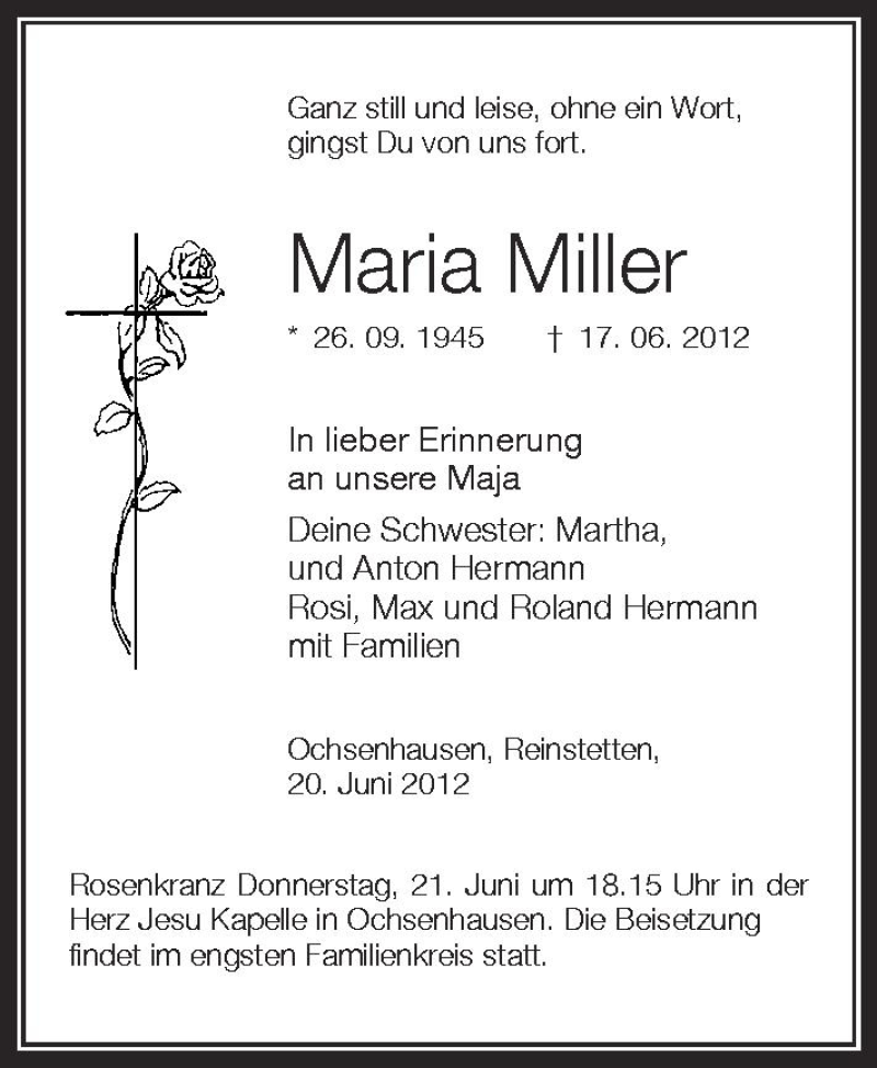  Traueranzeige für Maria Miller vom 20.06.2012 aus Schwäbische Zeitung