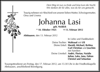 Anzeige von Johanna  Lasi  von Schwäbische Zeitung