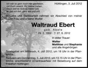 Anzeige von Waltraud Ebert von Schwäbische Zeitung