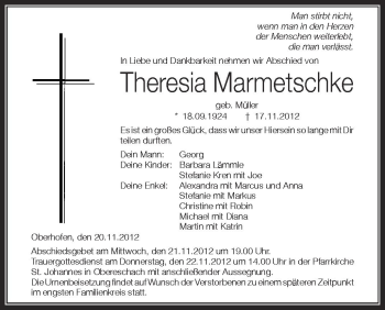 Anzeige von Theresia Marmetschke von Schwäbische Zeitung