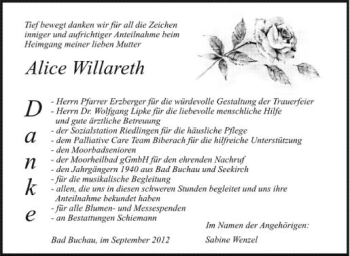 Anzeige von Alice Willareth von Schwäbische Zeitung
