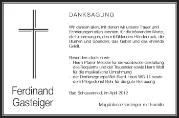 Anzeige von Ferdinand Gasteiger von Schwäbische Zeitung