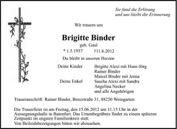 Anzeige von Brigitte Binder von Schwäbische Zeitung