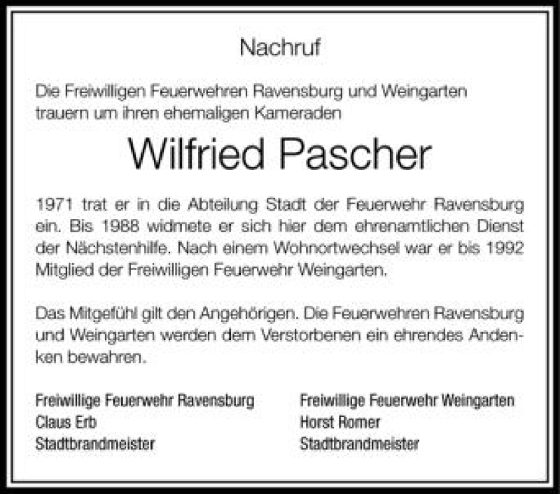  Traueranzeige für Wilfried Pascher vom 05.07.2012 aus Schwäbische Zeitung