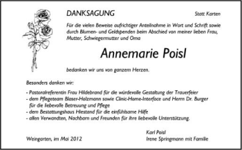 Anzeige von Annemarie Poisl von Schwäbische Zeitung