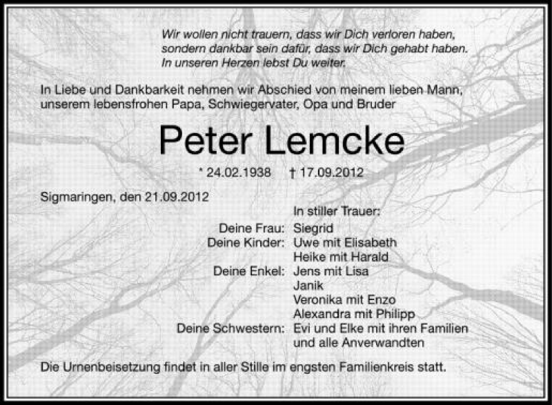  Traueranzeige für Peter Lemcke vom 21.09.2012 aus Schwäbische Zeitung