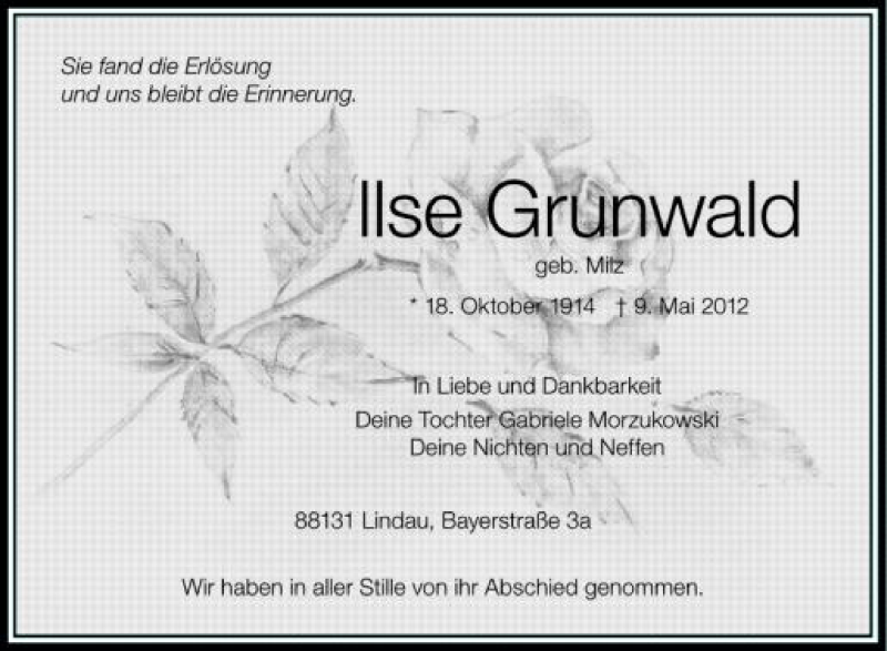  Traueranzeige für Ilse Grunwald vom 12.05.2012 aus Schwäbische Zeitung