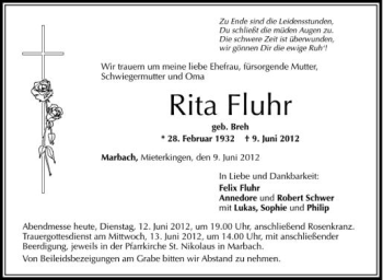 Anzeige von Rita Fluhr von Schwäbische Zeitung