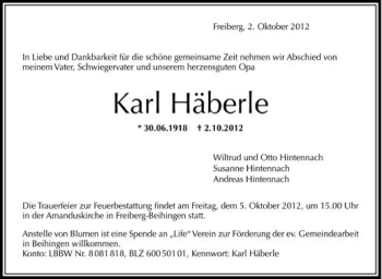 Anzeige von Karl Häberle von Schwäbische Zeitung